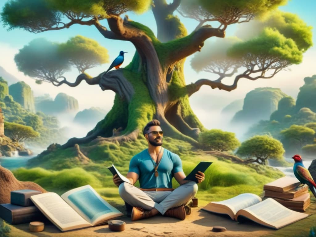  A vibrant watercolor illustration of a linguist sitting crosslegged under a sprawling tree, surrounded by stacks of ancient manuscripts and modern recording equipment. The scene captures the essence of dedicated language documentation, with the linguist transcribing notes in a leatherbound journal while colorful birds flit overhead and a gentle stream winds its way through the lush landscape. hyperrealistic, full body, detailed clothing, highly detailed, cinematic lighting, stunningly beautiful, intricate, sharp focus, f/1. 8, 85mm, (centered image composition), (professionally color graded), ((bright soft diffused light)), volumetric fog, trending on instagram, trending on tumblr, HDR 4K, 8K