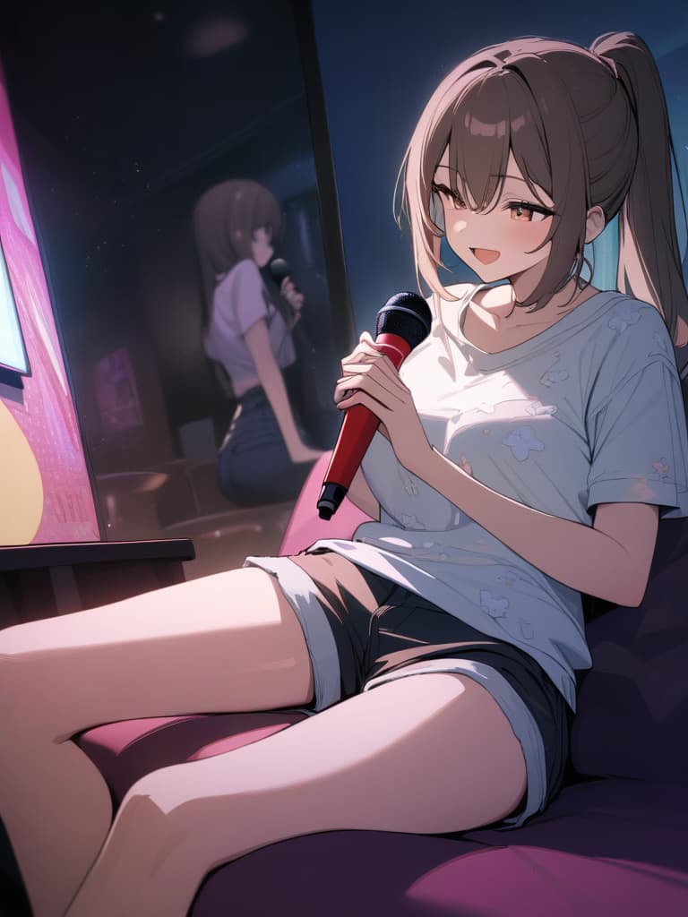  Karaoke,having a microphone,karaoke private room,TV,karaoke party,singing,ponytail,brown hair,smile,mirror ball,mirror ball light,beautiful,beautiful girl,short sleeved T shirt,shorts,sitting on the sofa、(absurd detailed:1.4、best quality:1.4、masterpiece:1.4)、, masterpiece, best quality,8k,ultra detailed,high resolution,an extremely delicate and beautiful,hyper detail