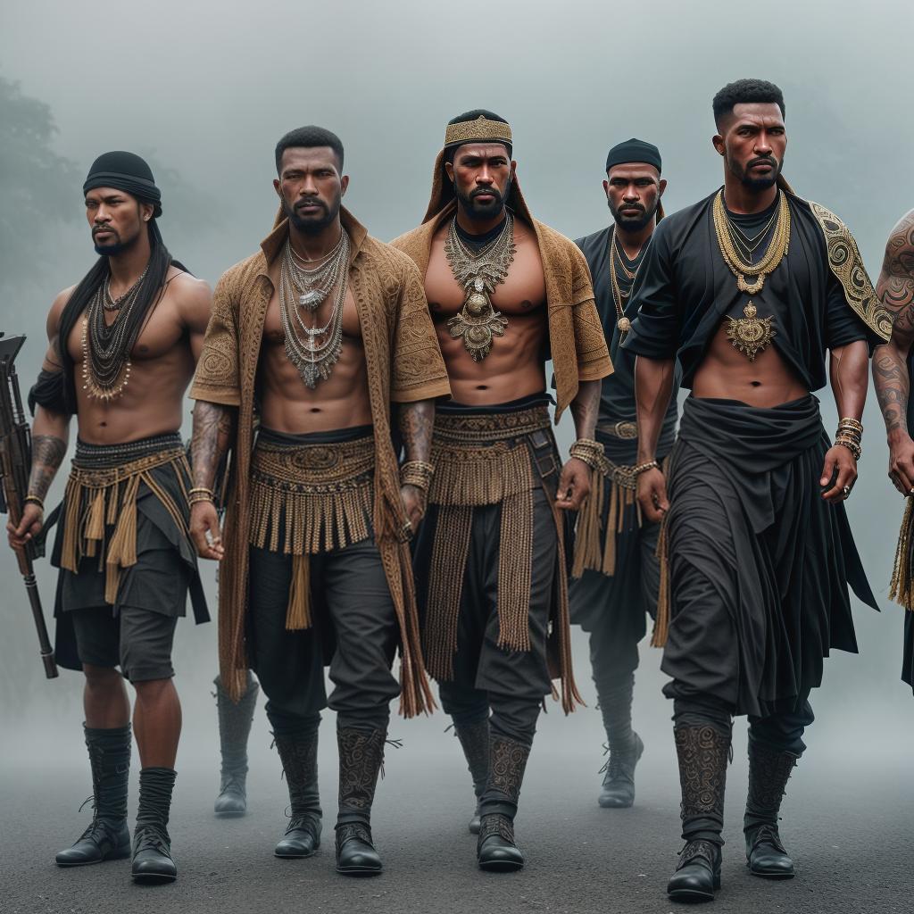  A group of thugs from Maluku Province, Indonesia hyperrealistic, full body, detailed clothing, highly detailed, cinematic lighting, stunningly beautiful, intricate, sharp focus, f/1. 8, 85mm, (centered image composition), (professionally color graded), ((bright soft diffused light)), volumetric fog, trending on instagram, trending on tumblr, HDR 4K, 8K