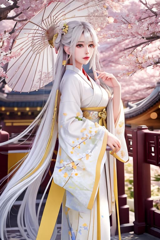  masterpiece, best quality, 1girl, yellow eyes, long hair, white hair, tree, stairs, standing, kimono, sky, cherry blossoms, temple, looking at viewer, upper body, from below, looking back hyperrealistic, full body, detailed clothing, highly detailed, cinematic lighting, stunningly beautiful, intricate, sharp focus, f/1. 8, 85mm, (centered image composition), (professionally color graded), ((bright soft diffused light)), volumetric fog, trending on instagram, trending on tumblr, HDR 4K, 8K