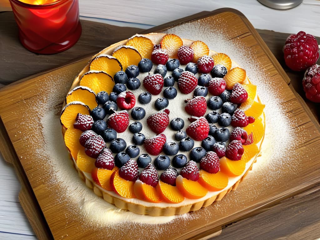  A photorealistic image of a beautifully decorated winterthemed fruit tart, featuring vibrant red raspberries, succulent blueberries, and slices of juicy oranges arranged in an intricate pattern on top of a light and flaky crust. The fruits glisten with a light drizzle of honey, and the background showcases a dusting of powdered sugar resembling freshly fallen snow. The tart is displayed on a rustic wooden table, surrounded by sprigs of fresh mint and delicate snowflakes made of icing. The image captures the essence of a healthy and delightful winter dessert, appealing to the senses with its colorful presentation and intricate details. hyperrealistic, full body, detailed clothing, highly detailed, cinematic lighting, stunningly beautiful, intricate, sharp focus, f/1. 8, 85mm, (centered image composition), (professionally color graded), ((bright soft diffused light)), volumetric fog, trending on instagram, trending on tumblr, HDR 4K, 8K