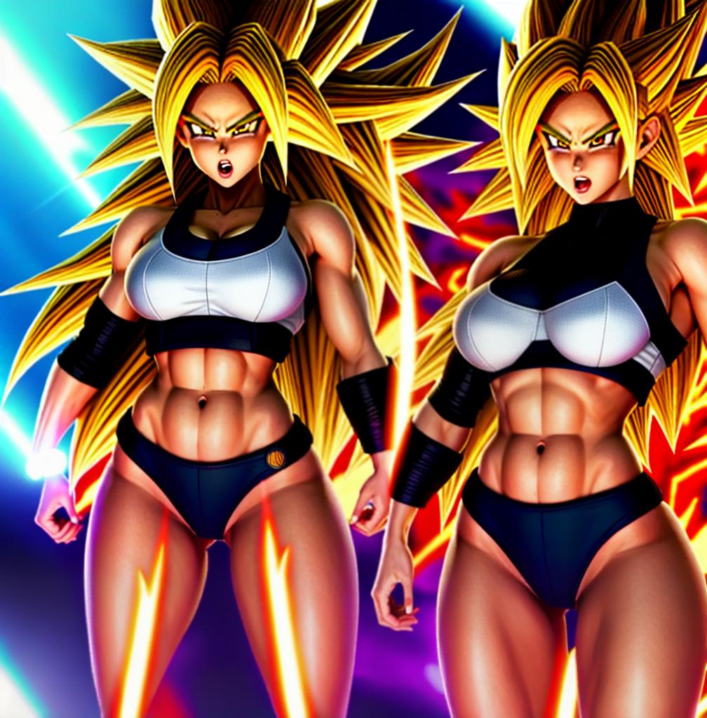  ((foto de cuerpo completo, pie plano, cuerpo recto)), ((laura {Super Super Saiyan mujer con grandes pechos})), ((lleva puesto son goku+Los disfraces de ella son extremadamente ajustados a su cuerpo.))