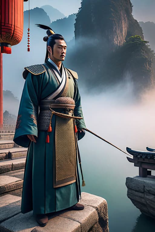  /imagine man, a handsome, tall imperial lieutenant of the Eastern Han Dynasty, dressed in Eastern Han costume, standing downstairs in the ancient city of China, touching a hanging fish hyperrealistic, full body, detailed clothing, highly detailed, cinematic lighting, stunningly beautiful, intricate, sharp focus, f/1. 8, 85mm, (centered image composition), (professionally color graded), ((bright soft diffused light)), volumetric fog, trending on instagram, trending on tumblr, HDR 4K, 8K