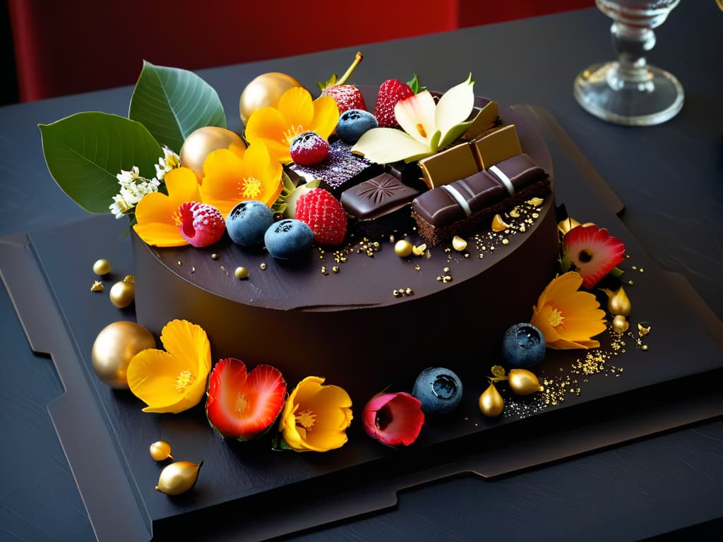  A highresolution image of a sophisticated dessert platter featuring intricate chocolate sculptures, delicate edible flowers, and vibrant exotic fruits, all artistically arranged on a sleek black slate platter. The desserts are elegantly garnished with gold leaf accents, adding a touch of luxury to the presentation. The background is a soft focus to emphasize the exquisite details of the dessert selection, creating a visually striking and minimalist composition that conveys a sense of culinary artistry and innovation. hyperrealistic, full body, detailed clothing, highly detailed, cinematic lighting, stunningly beautiful, intricate, sharp focus, f/1. 8, 85mm, (centered image composition), (professionally color graded), ((bright soft diffused light)), volumetric fog, trending on instagram, trending on tumblr, HDR 4K, 8K