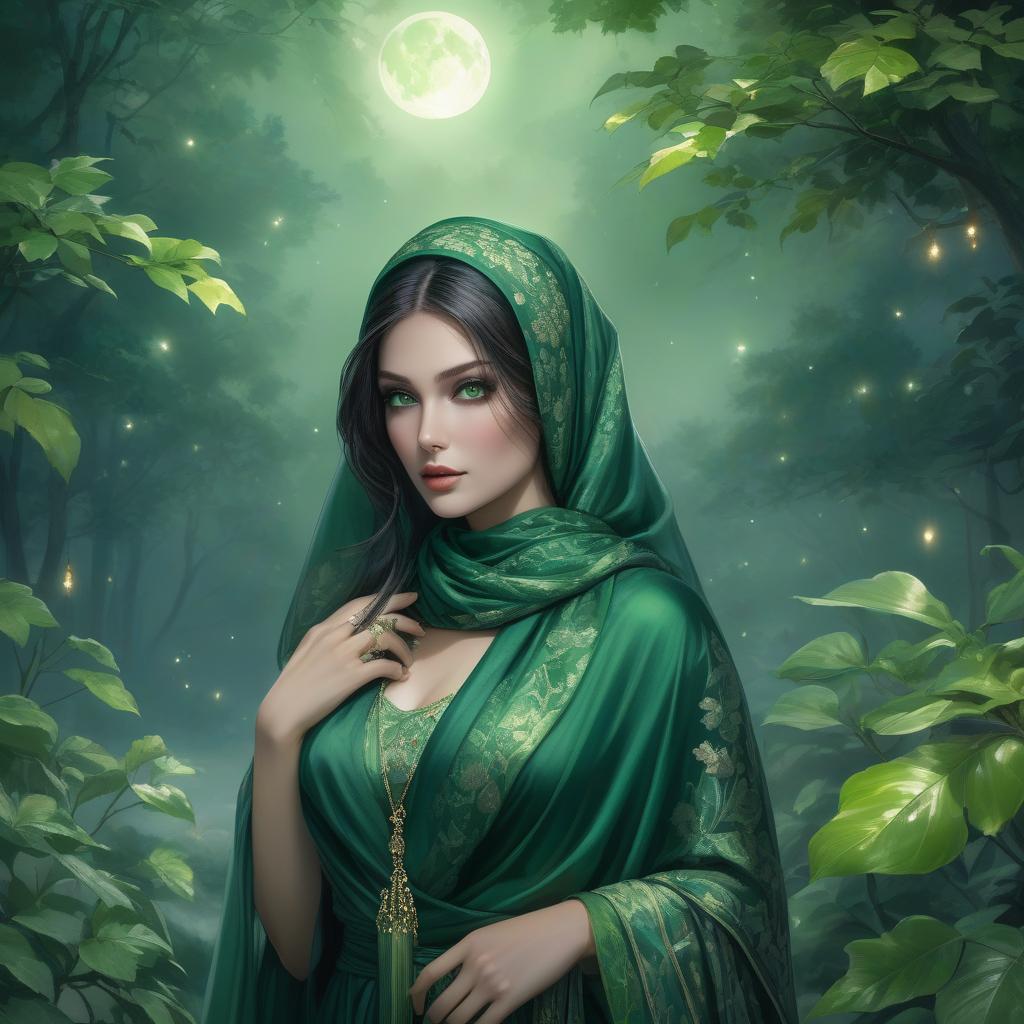  In a garden of emerald, a vision serene, A lady in green, a living dream. A headscarf of jade, gracefully tied, Like nature's embrace, where beauty resides. Her eyes, deep pools of verdant grace, Reflect the hues of a tranquil space. In shades of moss, her attire weaves, A tapestry of calm, like rustling leaves. mystical watercolor painting girl with deep green eyes, green head scarf and shawl, at mysticaldark deep dark black night, full moon, stars, flow, watercolor, detailed matte painting, deep color, fantastical, intricate detail, splash screen, complementary colors, fantasy concept art, 8k resolution trending on Artstation Unreal Engine 5 hyperrealistic, full body, detailed clothing, highly detailed, cinematic lighting, stunningly beautiful, intricate, sharp focus, f/1. 8, 85mm, (centered image composition), (professionally color graded), ((bright soft diffused light)), volumetric fog, trending on instagram, trending on tumblr, HDR 4K, 8K