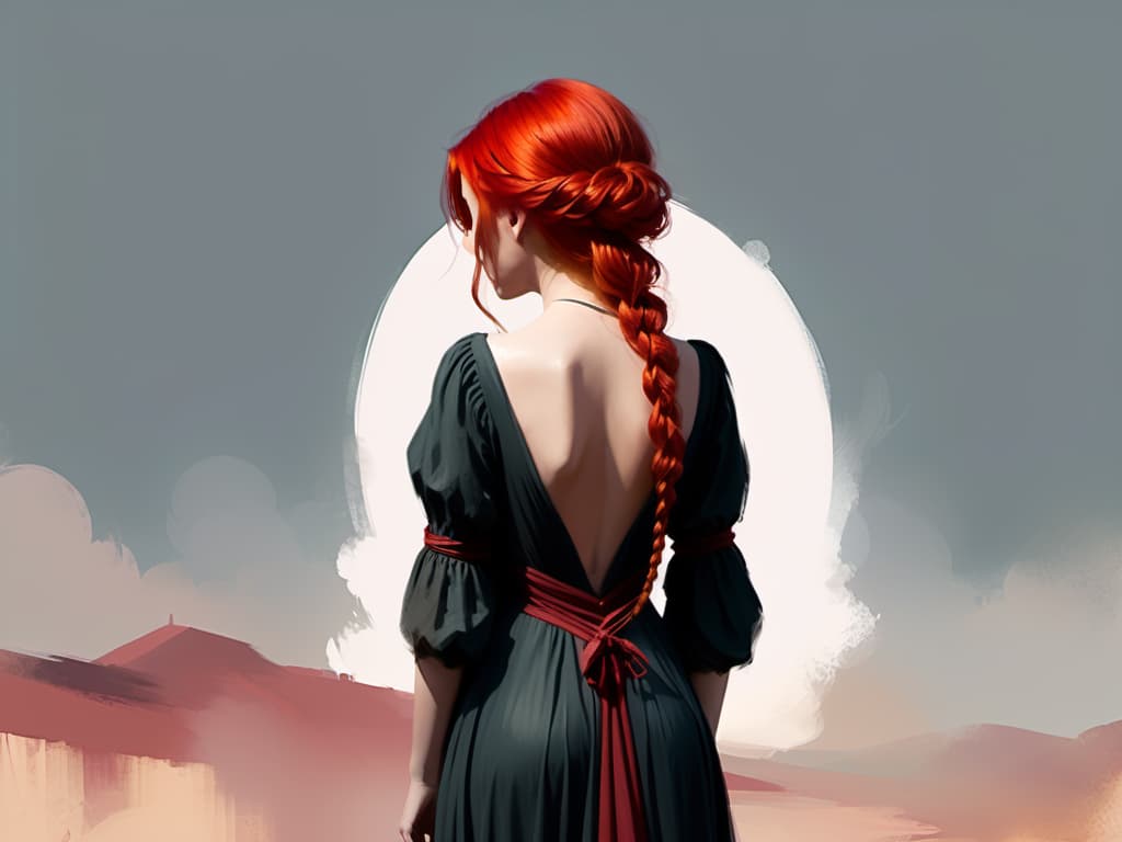  concept art "Girl with red hair in long dress, hands tied behind back" . digital artwork, illustrative, painterly, matte painting, highly detailed