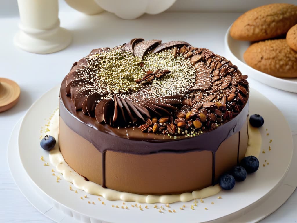  A closeup, highresolution image of a decadent chocolate quinoa cake topped with a delicate sprinkling of quinoa seeds, showcasing the rich texture and indulgent appearance of this healthy dessert option. The cake is elegantly presented on a sleek, white ceramic plate, with soft natural lighting accentuating its glossy surface and intricate detailing. The contrast between the dark, moist cake and the light, airy quinoa seeds creates a visually striking composition that exudes sophistication and culinary creativity. hyperrealistic, full body, detailed clothing, highly detailed, cinematic lighting, stunningly beautiful, intricate, sharp focus, f/1. 8, 85mm, (centered image composition), (professionally color graded), ((bright soft diffused light)), volumetric fog, trending on instagram, trending on tumblr, HDR 4K, 8K