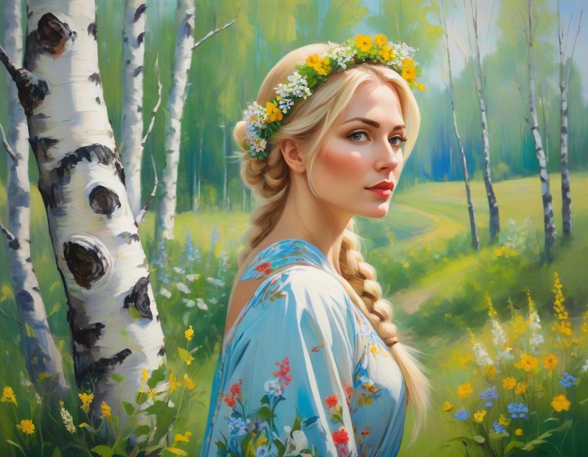  abstract expressionist painting A masterpiece.A beautiful girl with a blond braid in the image of spring stands by a birch tree.She has a wreath of wildflowers on her head.The girl is wearing a beautiful sundress in the Russian folk style. A train of wildflowers stretches from the hem of the sundress at the bottom. In the background there is a background in the form of a green blue gradient.The style is Russian patterns.The most beautiful picture in the world . energetic brushwork, bold colors, abstract forms, expressive, emotional hyperrealistic, full body, detailed clothing, highly detailed, cinematic lighting, stunningly beautiful, intricate, sharp focus, f/1. 8, 85mm, (centered image composition), (professionally color graded), ((bright soft diffused light)), volumetric fog, trending on instagram, trending on tumblr, HDR 4K, 8K