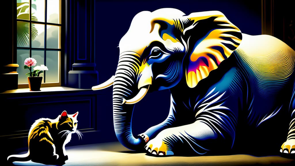  An elephant and a cat sitting together, highlighting the surprising connection in their brains.  , ((realistic)), ((masterpiece)), focus on detailed clothing and atmosphere of the surroundings. Soft and natural lights.