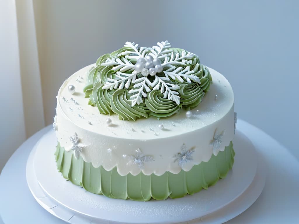  An 8k ultradetailed image of a beautifully decorated winterthemed carrot cake, showcasing intricate frosting snowflakes, delicate edible silver pearls, and a dusting of powdered sugar resembling a light snowfall. The cake is elegantly placed on a simple white porcelain cake stand, with soft natural light gently illuminating its exquisite details, creating a serene and sophisticated visual appeal that perfectly complements the professional and inspirational tone of the article. hyperrealistic, full body, detailed clothing, highly detailed, cinematic lighting, stunningly beautiful, intricate, sharp focus, f/1. 8, 85mm, (centered image composition), (professionally color graded), ((bright soft diffused light)), volumetric fog, trending on instagram, trending on tumblr, HDR 4K, 8K