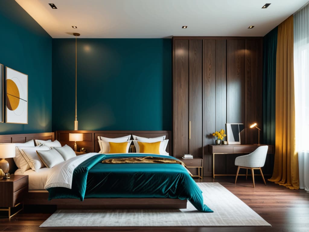  Create a modern bedroom interior design featuring a deep teal accent wall, a white wardrobe to the left, wooden nightstands, and a wooden headboard. Include glossy marble floors, a bed with earth toned bedding and yellow throw, minimalistic wall art, and sheer curtains. Cinematic photo, highly detailed, cinematic lighting, ultra detailed, ultrarealistic, photorealism, 8k. Top view hyperrealistic, full body, detailed clothing, highly detailed, cinematic lighting, stunningly beautiful, intricate, sharp focus, f/1. 8, 85mm, (centered image composition), (professionally color graded), ((bright soft diffused light)), volumetric fog, trending on instagram, trending on tumblr, HDR 4K, 8K