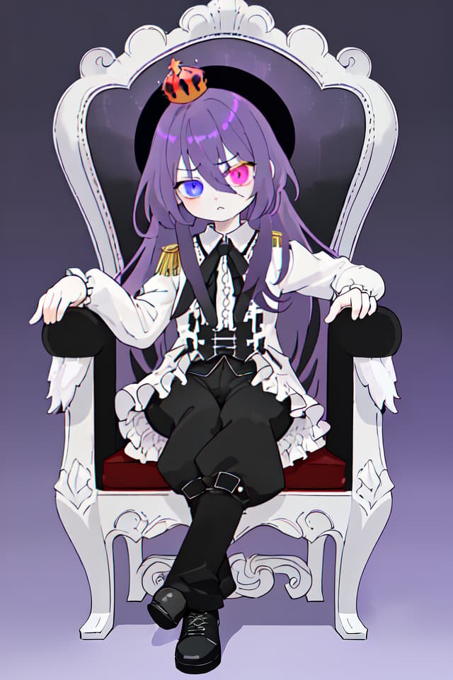  high quality,detailed,ultra detailed,hyper detailed,insanely detailed,highres,absurdres,schoolboy,man,king,lonely,expressionless,neutral,serious look,serious expression,sitting,looking at viewer,hair between eyes,straight hair,long hair,black hair,gradient hair,purple hair,purple eyes,odd eyes,green eyes,big eyes,heterochromia,fair skin,short,slim,frilled clothing,pants,military uniform,crown,purple background,black background,white background,gray background,with a king chair,dark atmosphere,gothic atmosphere,full body shot,from front,ground level shot