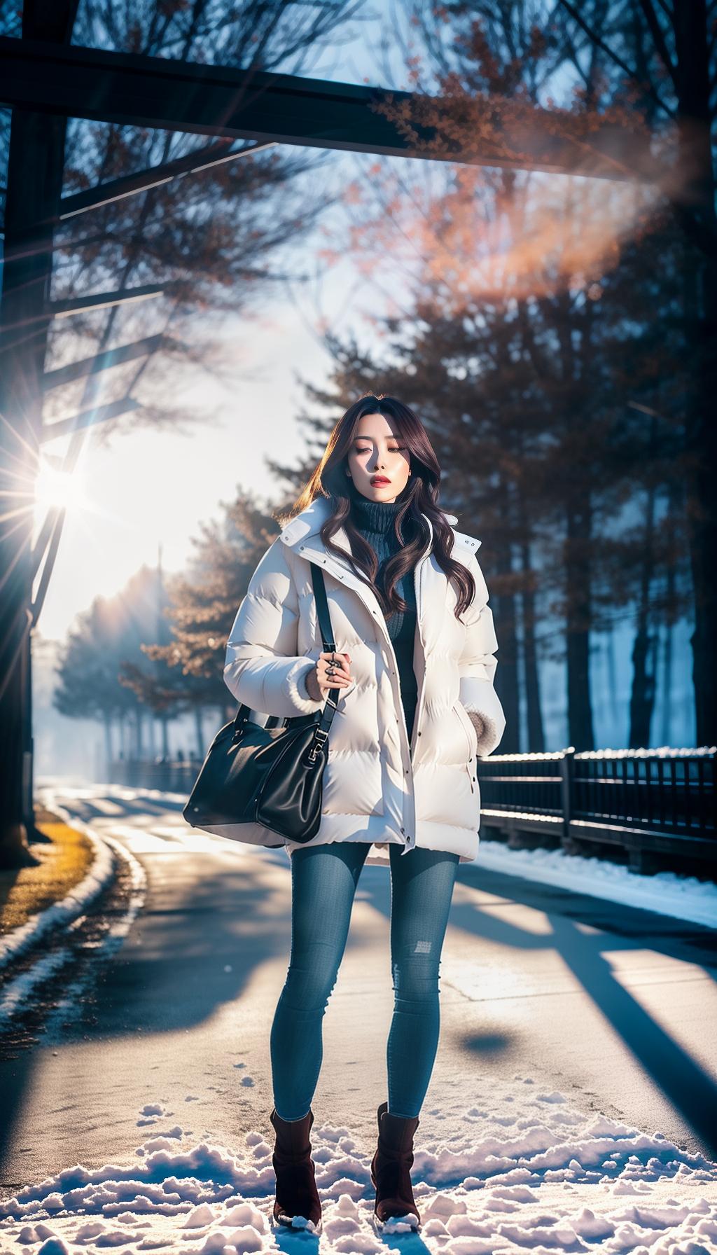  A realistic photo of a beautiful slim young Japanese woman, with medium long brown hair, walking in the winter park. She is wearing a white puff jacket. The area is entirely covered with snow and the sky is clear blue. hyperrealistic, full body, detailed clothing, highly detailed, cinematic lighting, stunningly beautiful, intricate, sharp focus, f/1. 8, 85mm, (centered image composition), (professionally color graded), ((bright soft diffused light)), volumetric fog, trending on instagram, trending on tumblr, HDR 4K, 8K