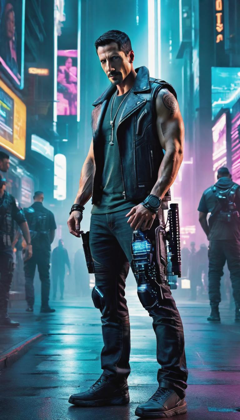  Cyberpunk style depiction of Danny Wood. The scene is set in a world where technology has advanced, but society and human conditions have not, creating a gritty, dystopian atmosphere. hyperrealistic, full body, detailed clothing, highly detailed, cinematic lighting, stunningly beautiful, intricate, sharp focus, f/1. 8, 85mm, (centered image composition), (professionally color graded), ((bright soft diffused light)), volumetric fog, trending on instagram, trending on tumblr, HDR 4K, 8K