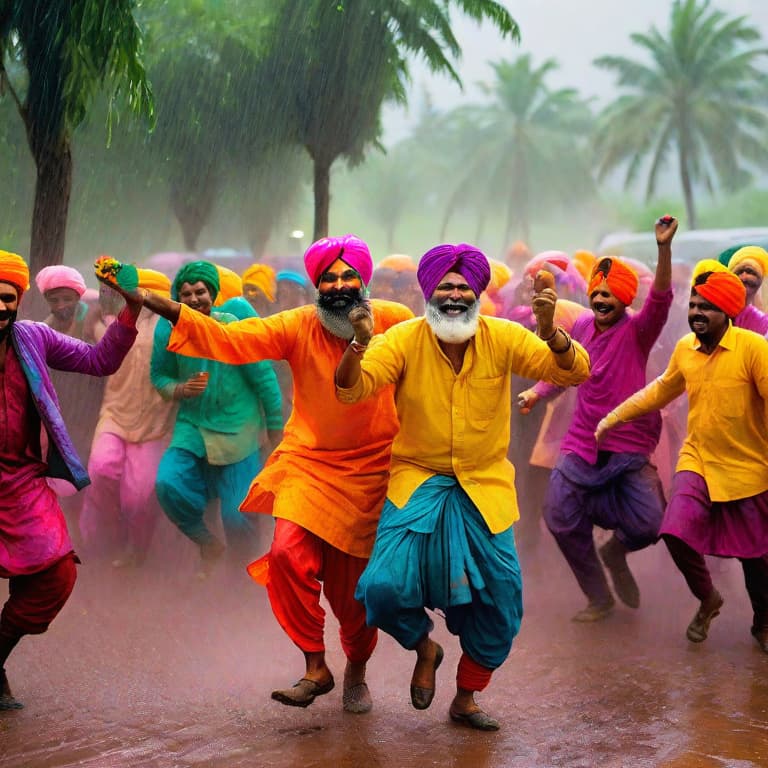  Subject Detail: The image depicts a group of farmers joyfully celebrating the festival of Holi in the midst of pouring rain. The farmers are dressed in vibrant traditional attire, with bright-colored turbans, saris, and dhotis. They are enthusiastically throwing and smearing a riot of colors on each other, creating a mesmerizing display of chromatic chaos. Their happy faces display pure delight, laughter, and the carefree spirit of the festival.

Medium: Digital art.

Art Style: Realistic.

Image Type: Illustration.

Resolution and Focus: High resolution with sharp focus, capturing intricate details of the farmers' expressions and the colorful rain-soaked surroundings.

Typography and Text: No text is required.

Elaborate Description: The s