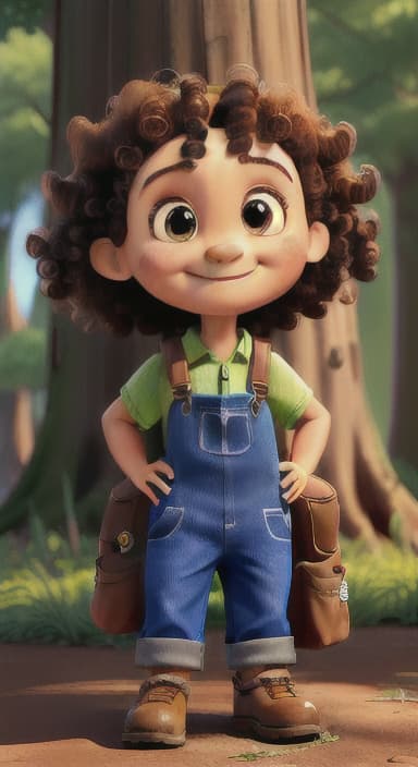  {The tree with a smiling face formed by its bark, looking down at Riley., Riley, a curious with big brown eyes and curly hair, wearing overalls and carrying a small backpack. Their friend, Skye, a bluebird with shiny feathers.