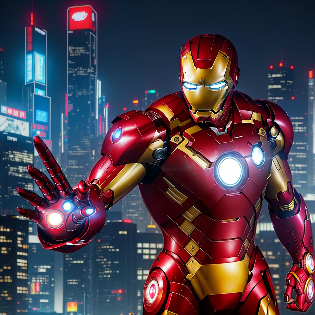  masterpiece, best quality, masterpiece, 8k resolution, realistic, highly detailed, Iron Man close-up. He stands on a street lined with tall buildings in a cyberpunk style city at night. The city's night lights are bright, and the surrounding buildings and streets are full of cyberpunk elements such as neon lights, high-tech equipment and futuristic architectural design.