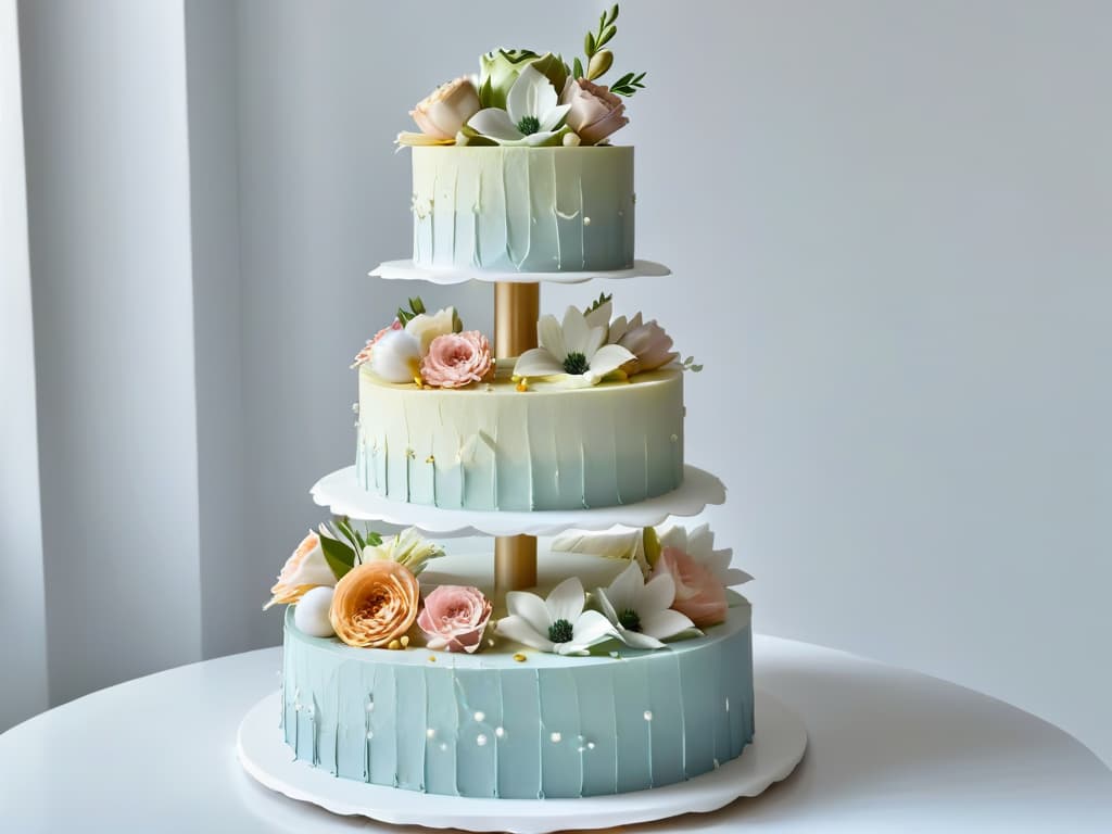  A highresolution, ultradetailed image of a delicate, intricately designed wedding cake with multiple tiers, adorned with elegant sugar flowers in various pastel shades. The cake is displayed on a sleek, modern white marble cake stand, set against a simple, unobtrusive background to emphasize the exquisite craftsmanship and artistry of the confection. Each petal and detail is meticulously crafted, showcasing the fusion of art and sweetness in the world of pastry festivals. hyperrealistic, full body, detailed clothing, highly detailed, cinematic lighting, stunningly beautiful, intricate, sharp focus, f/1. 8, 85mm, (centered image composition), (professionally color graded), ((bright soft diffused light)), volumetric fog, trending on instagram, trending on tumblr, HDR 4K, 8K