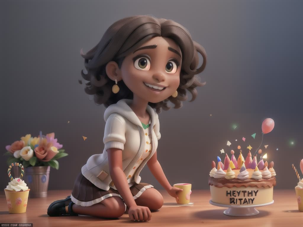  A brown black hair girl, birthday cake, happy birthday balloons in background, confetti, 25th birthday, happy, celebration, laughing, hyperrealistic, full body, detailed clothing, highly detailed, cinematic lighting, stunningly beautiful, intricate, sharp focus, f/1. 8, 85mm, (centered image composition), (professionally color graded), ((bright soft diffused light)), volumetric fog, trending on instagram, trending on tumblr, HDR 4K, 8K