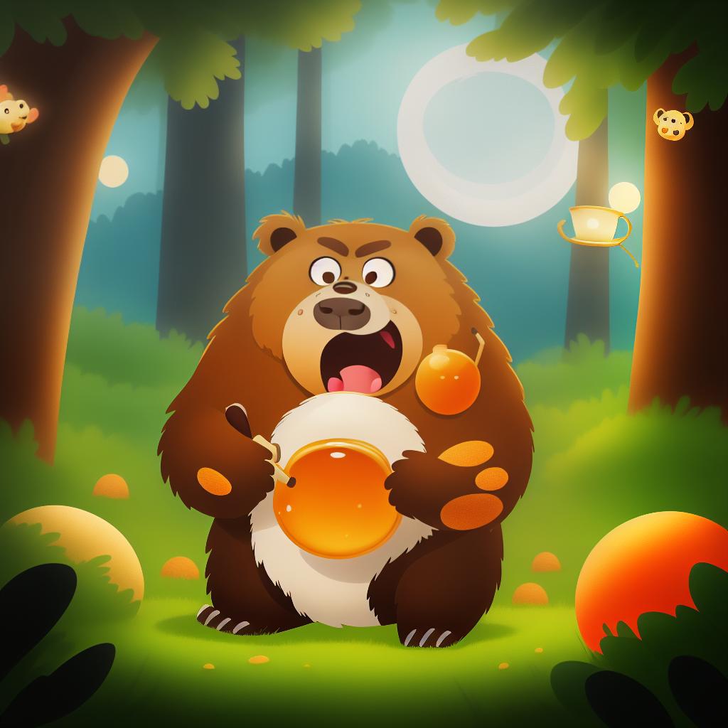  a angry and dangerous brown bear is eating honey, forest, moon lights