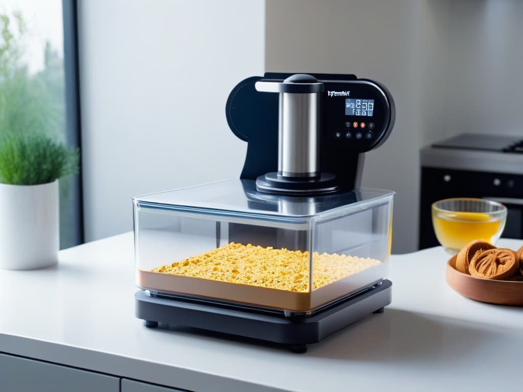  A sleek and modern kitchen countertop with a topoftheline premium baking robot in action, elegantly mixing ingredients in a glass bowl. The robot features a touch screen interface displaying a recipe for a decadent dessert, while various highquality baking tools and ingredients are neatly arranged around it. Sunlight streams in through a nearby window, casting a soft, warm glow on the scene, creating a serene and aspirational atmosphere for baking enthusiasts. hyperrealistic, full body, detailed clothing, highly detailed, cinematic lighting, stunningly beautiful, intricate, sharp focus, f/1. 8, 85mm, (centered image composition), (professionally color graded), ((bright soft diffused light)), volumetric fog, trending on instagram, trending on tumblr, HDR 4K, 8K