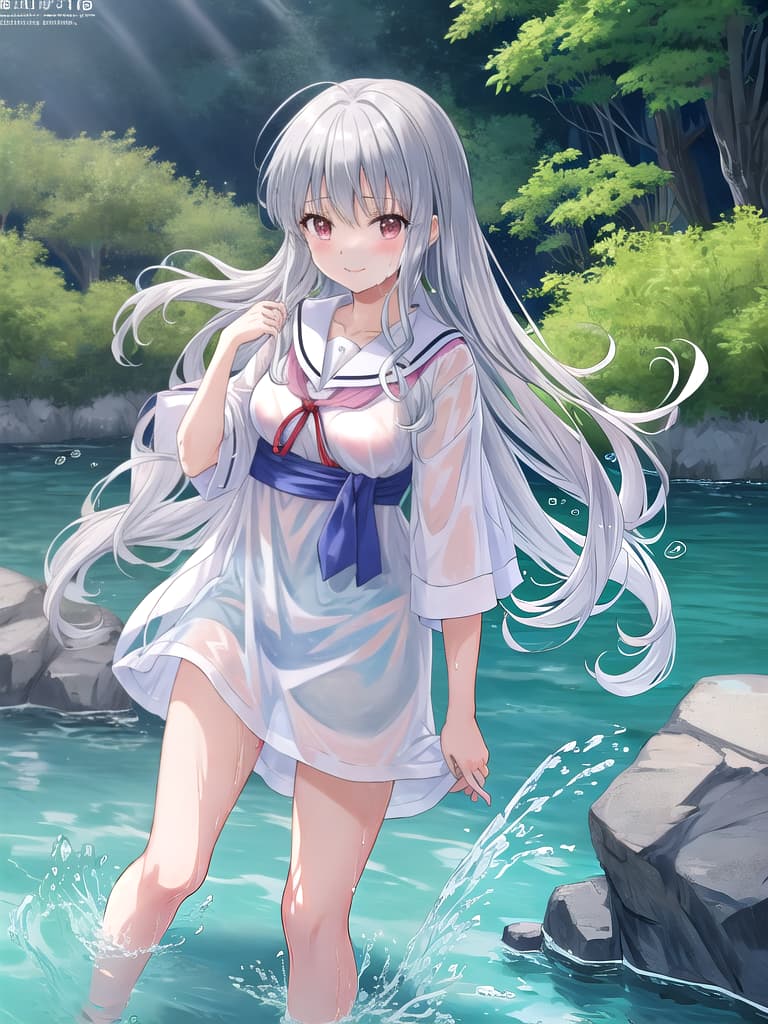  anime screencap flat color,{{{japonica,motion lines}}}, {{{Wet clothes}}}, wet hair, wet face mahou shoujo lyrical nanoha,playing in the river in mountain, smile, standing, gray silver hair, long hair レンズフレア コーヒーショップ 中長の髪 屋外