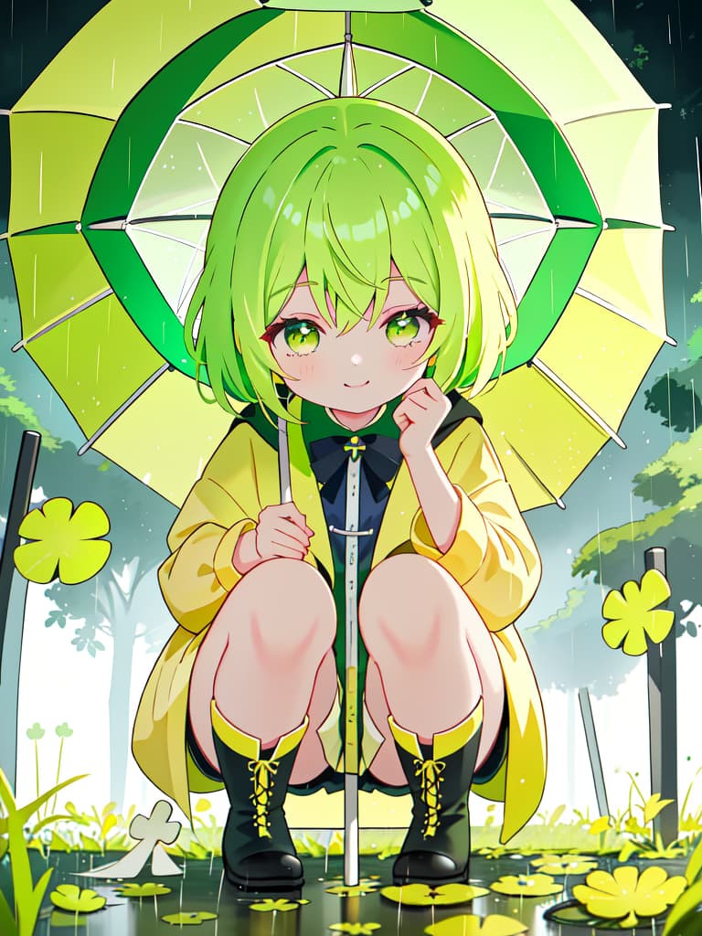  Staring at the four leaf clover with an umbrella in the rain, a yellow raincoat and a yellow green haired girl character in boots, crouching and staring at the on the ground and staring with a smile., masterpiece, best quality,8k,ultra detailed,high resolution,an extremely delicate and beautiful,hyper detail