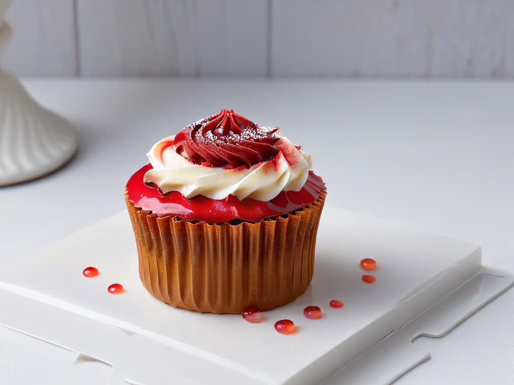  A closeup, ultradetailed image of a small, elegant cupcake topped with a glossy, vibrant red camu camu berry glaze. The cupcake sits on a sleek, modern white plate, showcasing the intricate details of the frosting swirls and the glistening droplets of the berry glaze. The background is a soft, blurred gradient that highlights the cupcake as the focal point, with a subtle play of light and shadow adding depth to the minimalist composition. hyperrealistic, full body, detailed clothing, highly detailed, cinematic lighting, stunningly beautiful, intricate, sharp focus, f/1. 8, 85mm, (centered image composition), (professionally color graded), ((bright soft diffused light)), volumetric fog, trending on instagram, trending on tumblr, HDR 4K, 8K