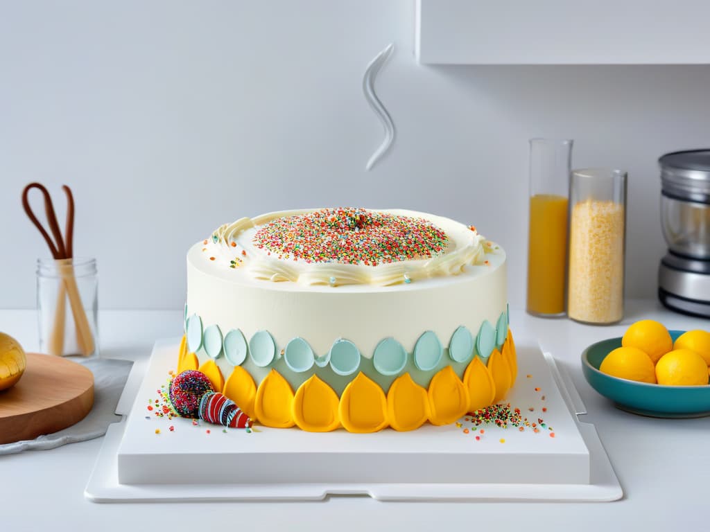  A highresolution, 8k ultradetailed image of a sleek, modern kitchen countertop, impeccably organized with various baking tools like measuring cups, a rolling pin, piping bags, and colorful sprinkles neatly arranged. In the center, a pristine white tablet displaying a lifelike augmented reality visualization of a beautifully decorated cake, showcasing the seamless integration of technology and culinary artistry in the realm of augmented reality baking apps. The image exudes a sense of precision, creativity, and innovation, perfectly encapsulating the theme of using augmented reality to enhance pastry design. hyperrealistic, full body, detailed clothing, highly detailed, cinematic lighting, stunningly beautiful, intricate, sharp focus, f/1. 8, 85mm, (centered image composition), (professionally color graded), ((bright soft diffused light)), volumetric fog, trending on instagram, trending on tumblr, HDR 4K, 8K