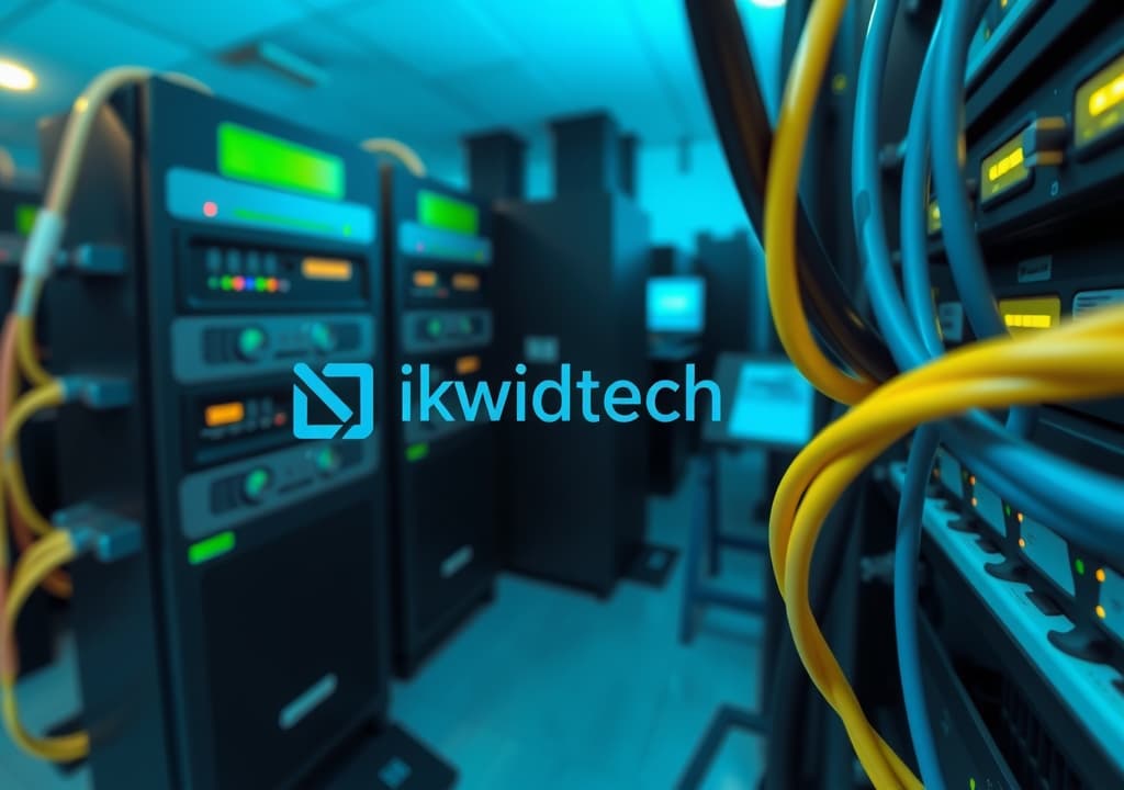  good quality, high quality, make a logo with the name "ikwidtech" in it with servers and fiber optic networking cables and technical things like servers in the background