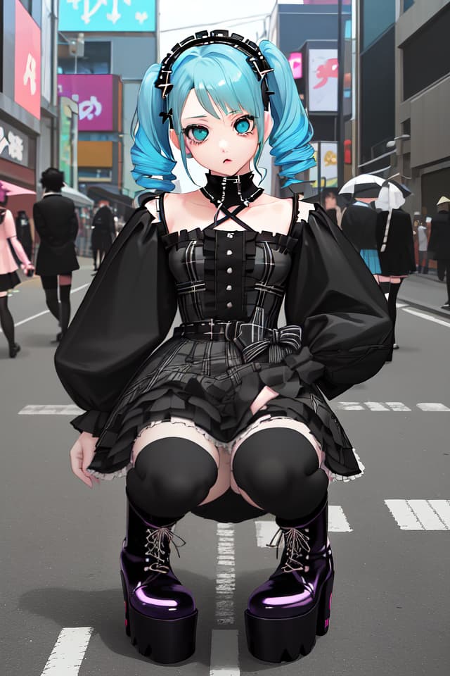  (absurdres,highres,superlative),((texture)),((contrast)),top quality,masterpiece face close up BREAK solo,girl,kawaii,(.zettai ryouiki),pastel blue hair,short hair,low twintail,(punk gothic lolita style,wearing plaid dress,striped thighhighs,patent leather platform short boots,(squat at street of akihabara),(covering privates,covering crotch),