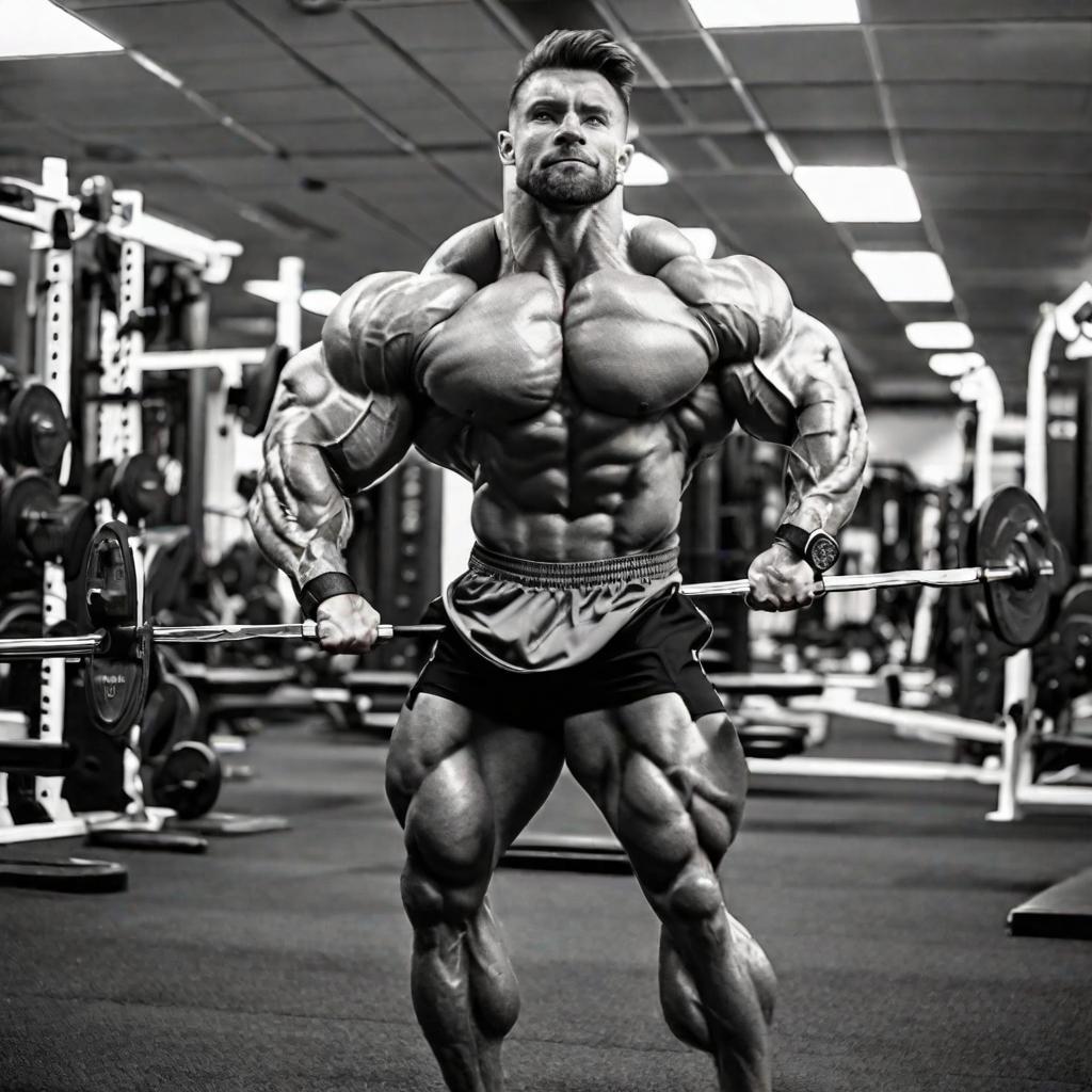  A bodybuilding champion in the gym is showing off his muscles, doing a positive latissimus dorsi movement, full body display, lights on him, black and white