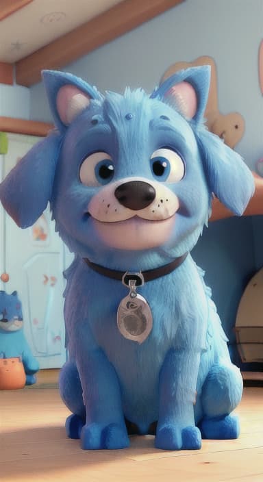  {Max snuggled up in his comfy dog bed inside the house, fast asleep, The big blue dog is large with sky blue fur, big round eyes, a black nose, and floppy ears.