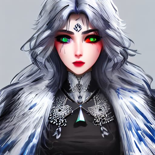  Crea un rostro de una mujer, que tenga heterochromia un ojo azul y el otro gris, que tenga las cejas pobladas, cabello rizado y blanco, piel blanca, un poquito de pecas y que en los labios tenga el arco de cupido hyperrealistic, full body, detailed clothing, highly detailed, cinematic lighting, stunningly beautiful, intricate, sharp focus, f/1. 8, 85mm, (centered image composition), (professionally color graded), ((bright soft diffused light)), volumetric fog, trending on instagram, trending on tumblr, HDR 4K, 8K