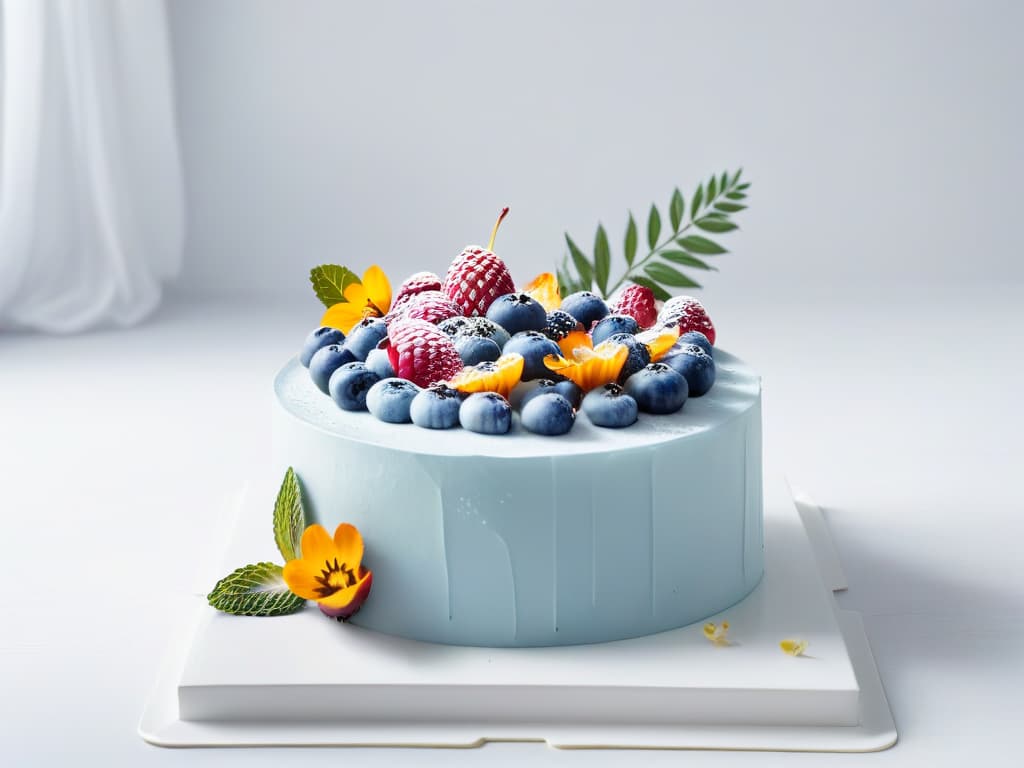  A minimalist image of an elegant, intricately designed glutenfree cake adorned with fresh berries and delicate edible flowers, set against a clean, white background. The cake is expertly crafted, showcasing precise piping work and artistic details that highlight the beauty and sophistication of modern glutenfree baking trends. hyperrealistic, full body, detailed clothing, highly detailed, cinematic lighting, stunningly beautiful, intricate, sharp focus, f/1. 8, 85mm, (centered image composition), (professionally color graded), ((bright soft diffused light)), volumetric fog, trending on instagram, trending on tumblr, HDR 4K, 8K