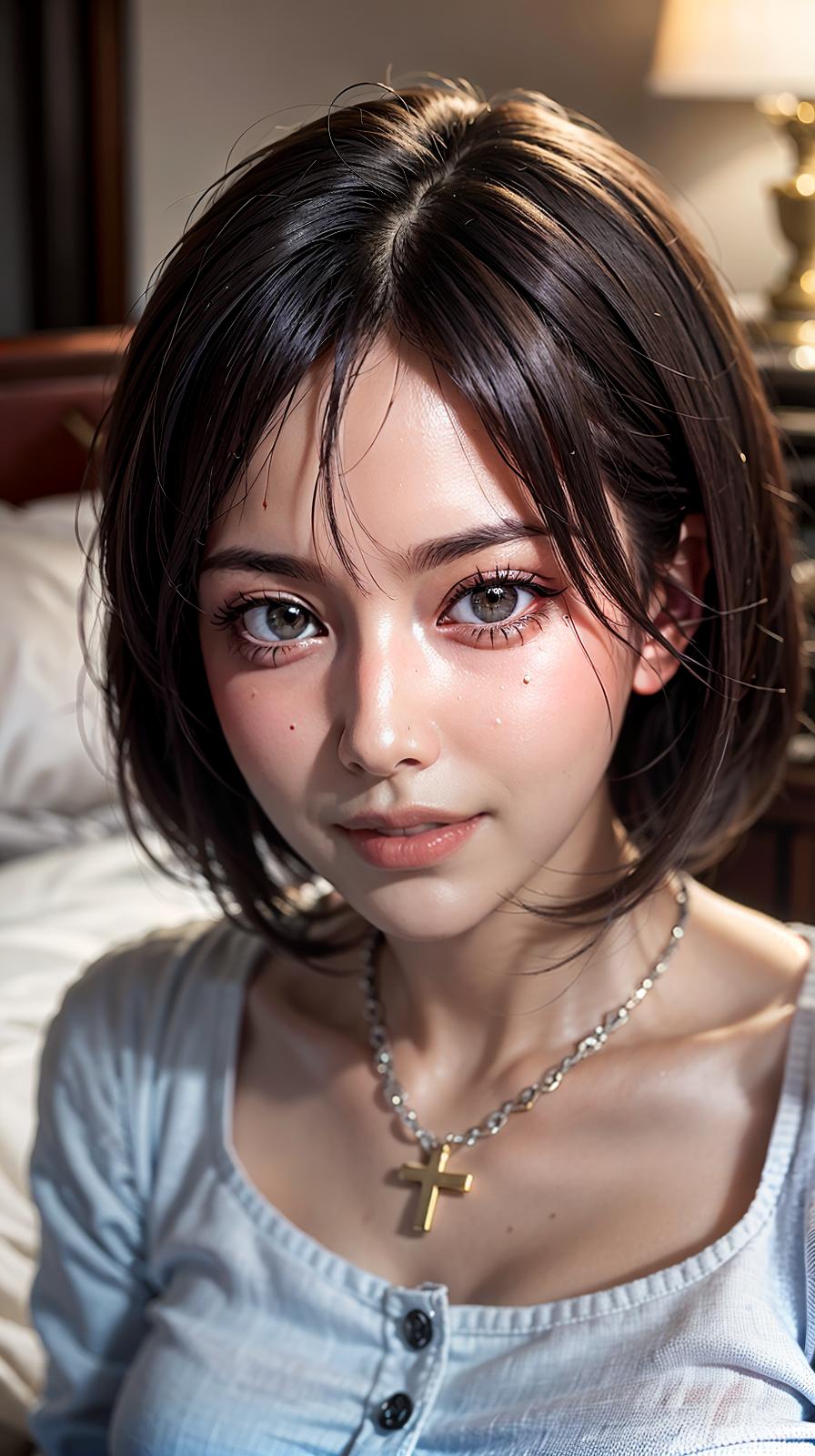  ultra high res, (photorealistic:1.4), raw photo, (realistic face), realistic eyes, (realistic skin), <lora:XXMix9_v20LoRa:0.8>, ((((masterpiece)))), best quality, very_high_resolution, ultra-detailed, in-frame, Japanese, smiling, transparent white shirt, unbuttoning, shoulder,, woman, large,, pearl necklace, collarbone,, black hair, short bob, squatting, cross-legged, inner, bed, sheets, pillow