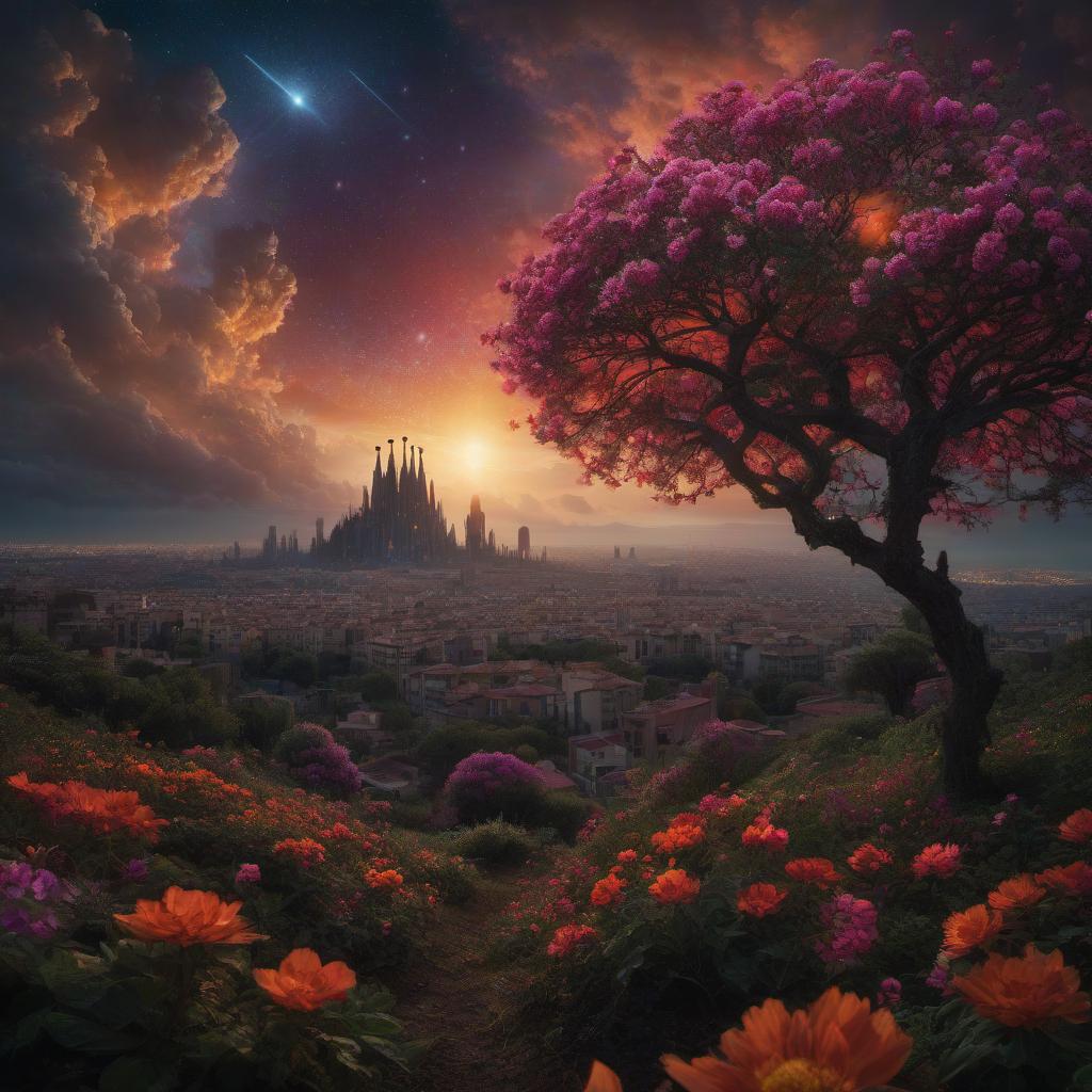  (stylized by Tomasz Alen Kopera:1.3) , dark art, dense flower field and Perseid meteor in background, landscape of a (Barcelona:1.2) , very Bizarre and 1600'S, Hurricane, Glitchcore, Amaro, layered textures, ornate, intricate artistic color, complimentary colors, very inspirational, atmosphere, fine artistic composition, sunny, theatrical hyperrealistic, full body, detailed clothing, highly detailed, cinematic lighting, stunningly beautiful, intricate, sharp focus, f/1. 8, 85mm, (centered image composition), (professionally color graded), ((bright soft diffused light)), volumetric fog, trending on instagram, trending on tumblr, HDR 4K, 8K