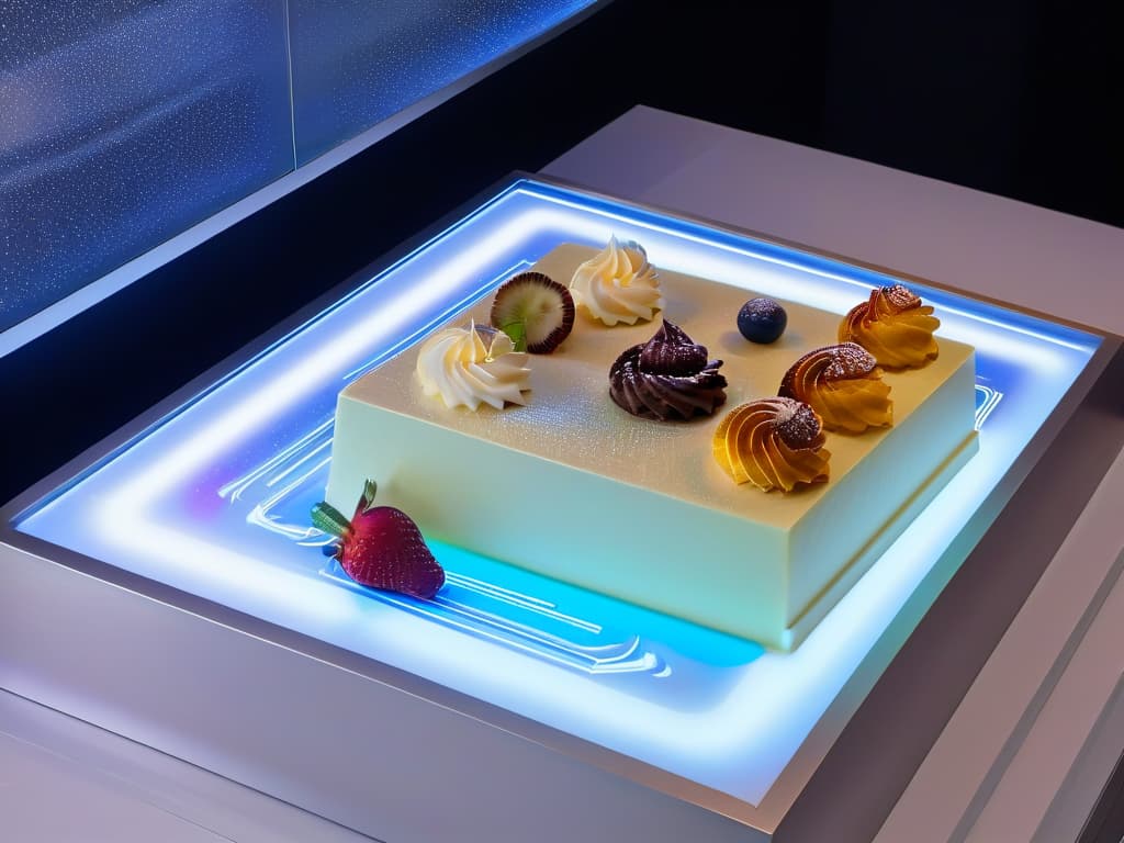  A closeup, ultradetailed image of a sleek, modern kitchen countertop with a holographic display showcasing intricate, interactive virtual desserts floating above it. The desserts appear incredibly realistic, with fine details like glistening frosting, delicate decorations, and vibrant colors. The futuristic setting juxtaposes the traditional art of pastrymaking with cuttingedge technology, embodying the seamless integration of augmented reality into the culinary world. hyperrealistic, full body, detailed clothing, highly detailed, cinematic lighting, stunningly beautiful, intricate, sharp focus, f/1. 8, 85mm, (centered image composition), (professionally color graded), ((bright soft diffused light)), volumetric fog, trending on instagram, trending on tumblr, HDR 4K, 8K