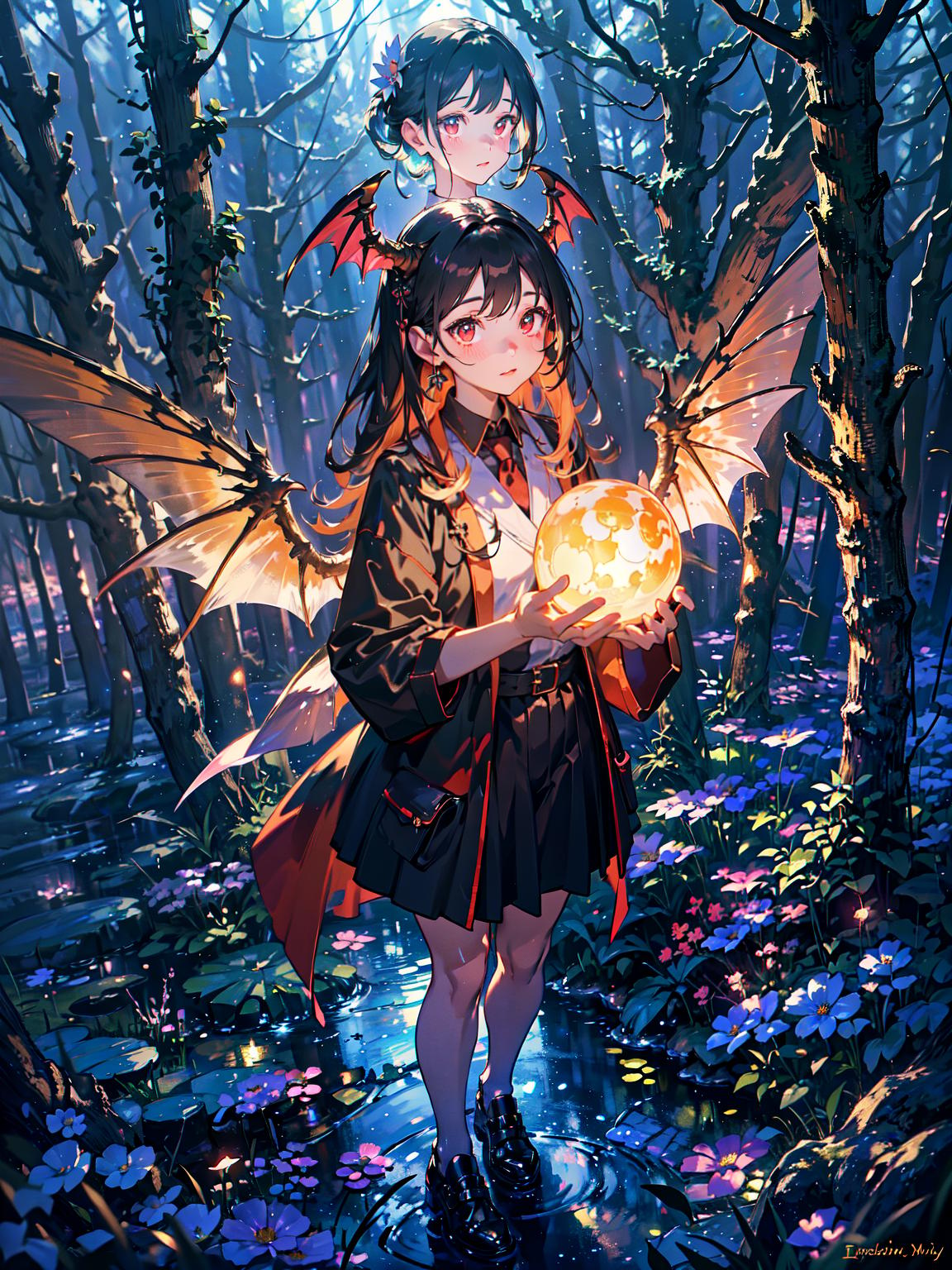  master piece, best quality, ultra detailed, highres, 4k.8k, Succubus character., Emcing the young , gazing at her with curiosity, standing gracefully, demonstrating her wings., Intrigued expression., BREAK A succubus encountering a young ., Enchanted forest clearing., Flowers, erflies, and a mystical glowing orb., BREAK Mysterious and enchanting atmosphere., Soft glowing light, sparkles, and a dreamlike ambiance.,