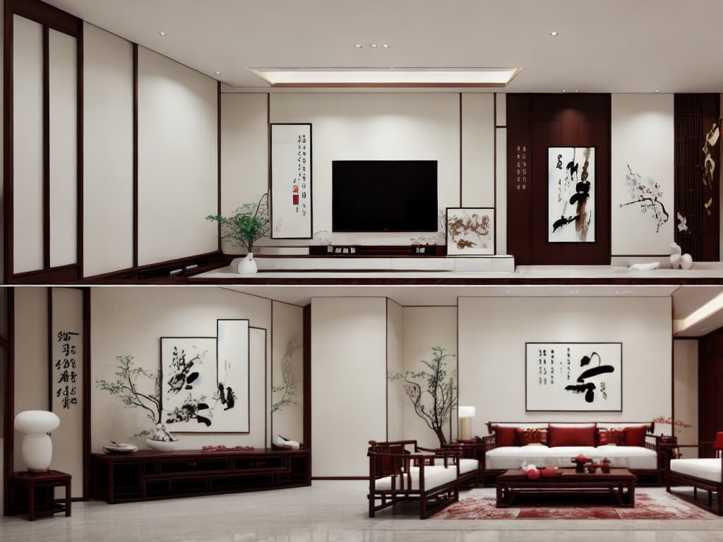  A modern Chinese style living room dominated by coffee and off white tones, complemented by dark red mahogany furniture. The room is designed to be simple yet elegant. On the walls hang traditional Chinese landscape paintings, and the space is accented with simple bamboo decorations and ceramic vases. The lighting is soft, creating a cozy atmosphere for reading and socializing
