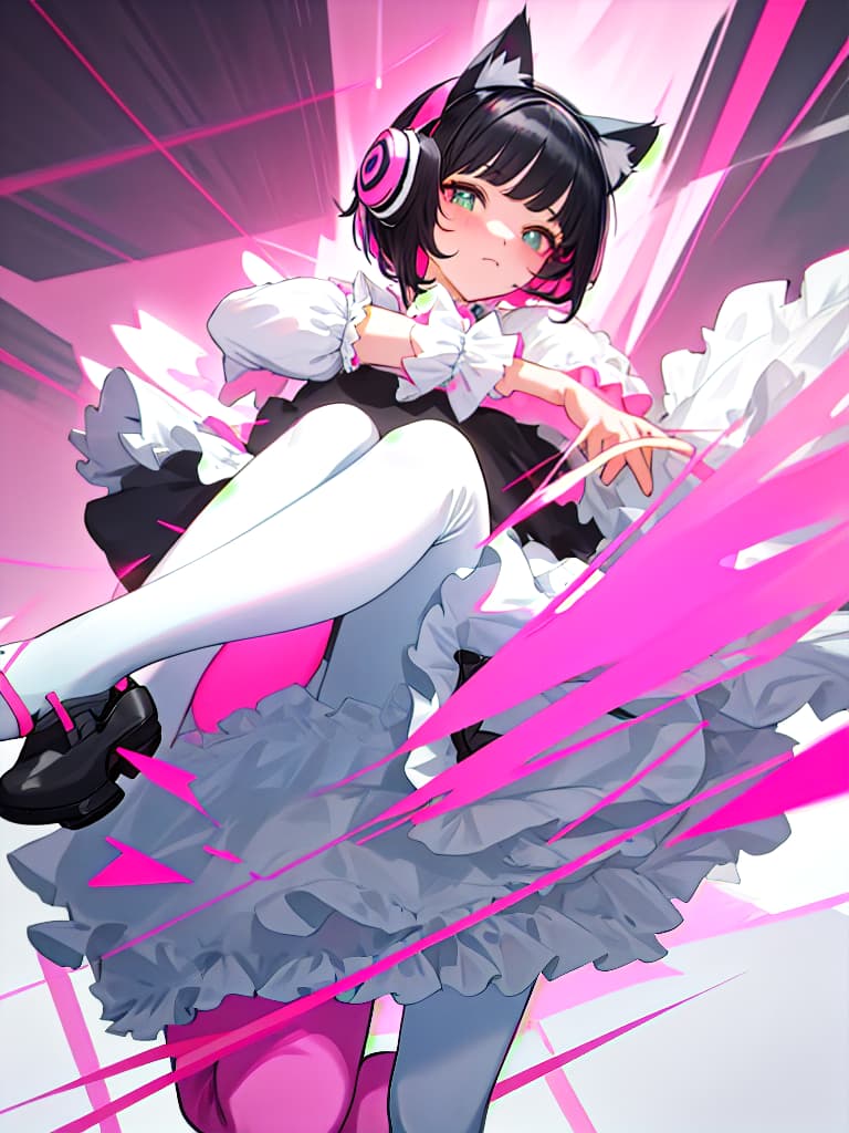  Gaming , wearing white frill , pink color tights, cat ear headphones, Bob Hair s, black hair, short hair, masterpiece, best quality,8k,ultra detailed,high resolution,an extremely delicate and beautiful,hyper detail