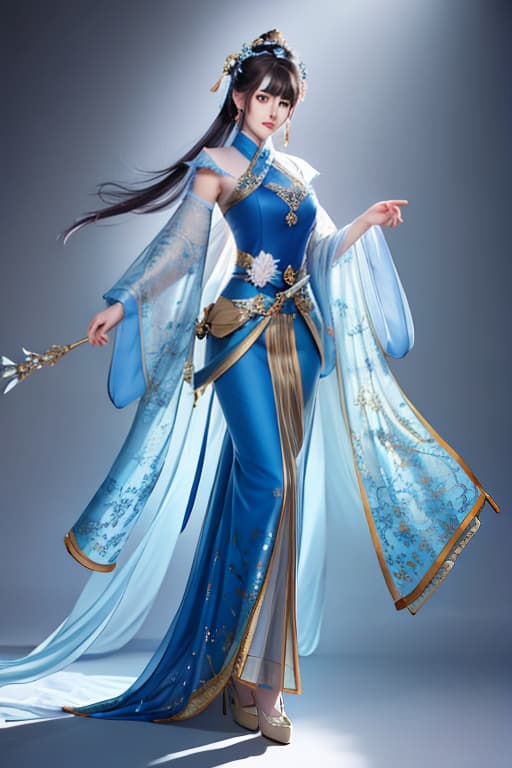  Tang Dynasty beauty, blue calico, q, IP image, three view, blue, full body portrait, vector illustration, hands at sides hyperrealistic, full body, detailed clothing, highly detailed, cinematic lighting, stunningly beautiful, intricate, sharp focus, f/1. 8, 85mm, (centered image composition), (professionally color graded), ((bright soft diffused light)), volumetric fog, trending on instagram, trending on tumblr, HDR 4K, 8K