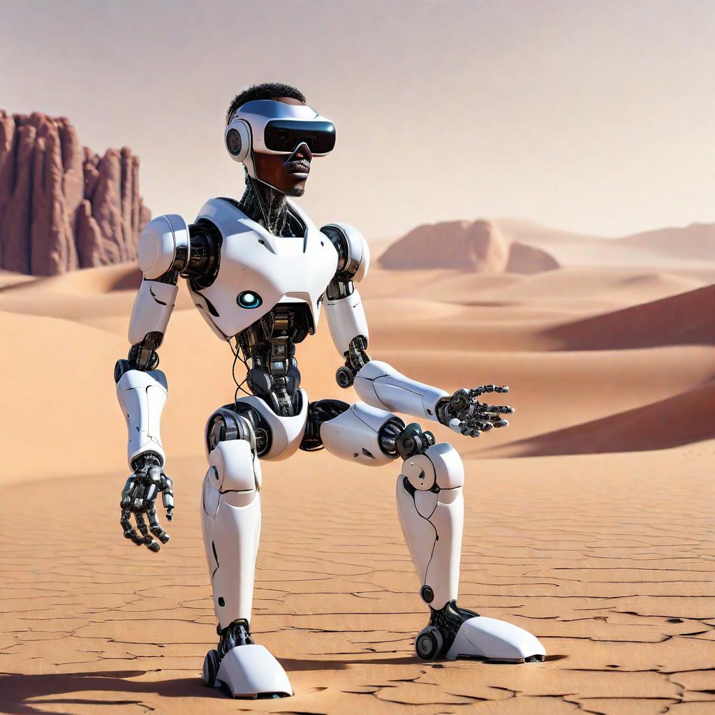  afro robotic man in a futuristic desert