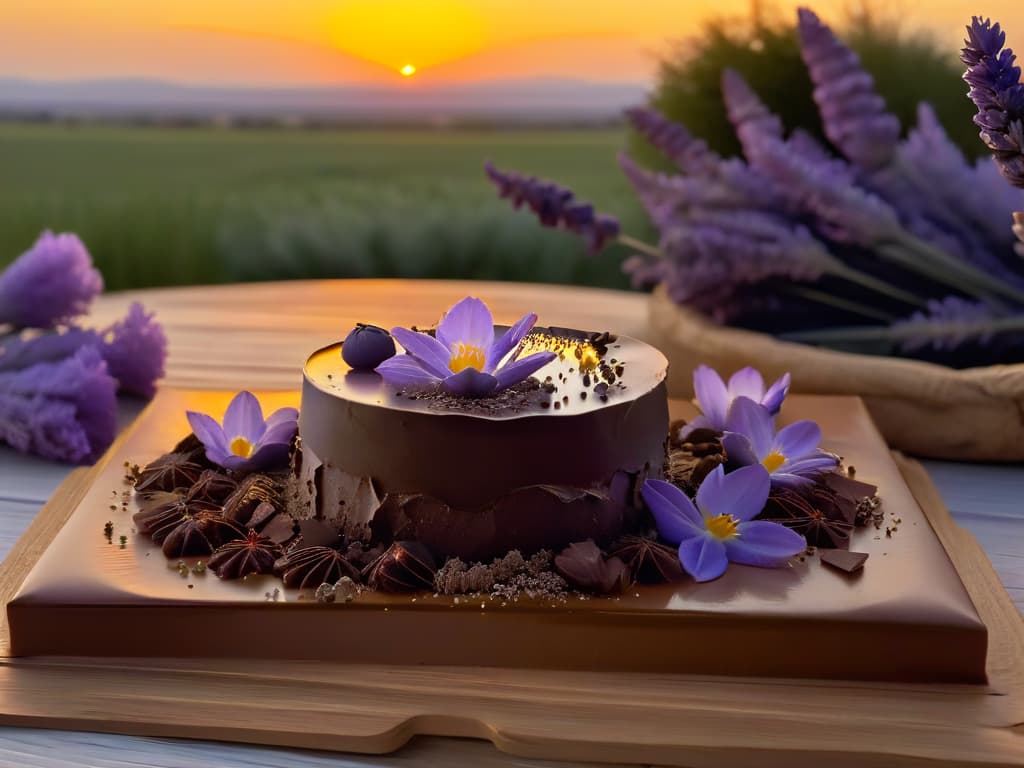  A beautifully plated lavenderinfused chocolate dessert, with delicate purple flowers sprinkled on top, set on a rustic wooden table with a soft, blurred background of a lavender field under a golden sunset light. hyperrealistic, full body, detailed clothing, highly detailed, cinematic lighting, stunningly beautiful, intricate, sharp focus, f/1. 8, 85mm, (centered image composition), (professionally color graded), ((bright soft diffused light)), volumetric fog, trending on instagram, trending on tumblr, HDR 4K, 8K