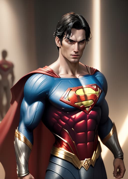  Create a photorealistic image of Superman with Wonder Woman's body frame, while keeping Superman's head unaltered. The scene should be set in a dynamic and heroic pose, showcasing the fusion of their iconic features seamlessly. Focus on realistic details such as muscle definition, costume elements, and a background that complements their superhero personas.