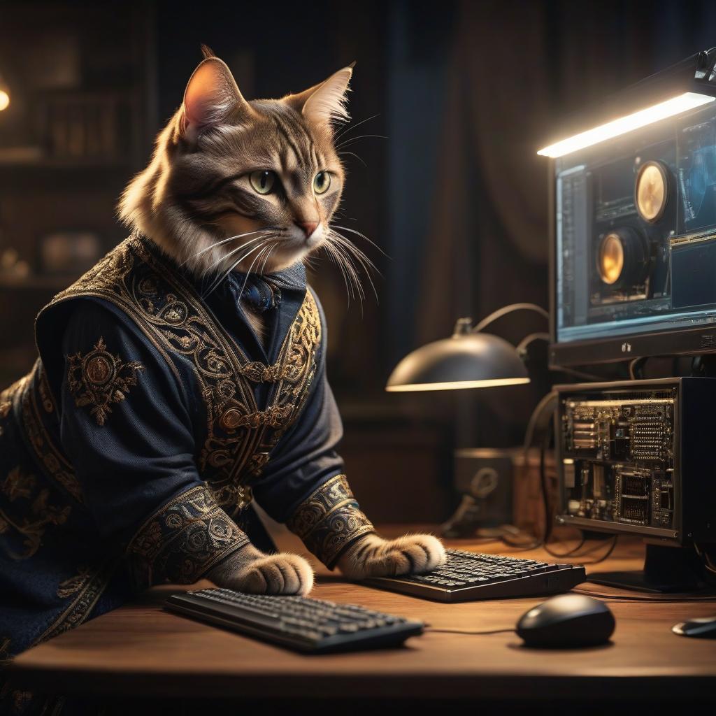  The cat in clothing fixes the computer. (English translation of "кот в одежде чинит компьютер") hyperrealistic, full body, detailed clothing, highly detailed, cinematic lighting, stunningly beautiful, intricate, sharp focus, f/1. 8, 85mm, (centered image composition), (professionally color graded), ((bright soft diffused light)), volumetric fog, trending on instagram, trending on tumblr, HDR 4K, 8K