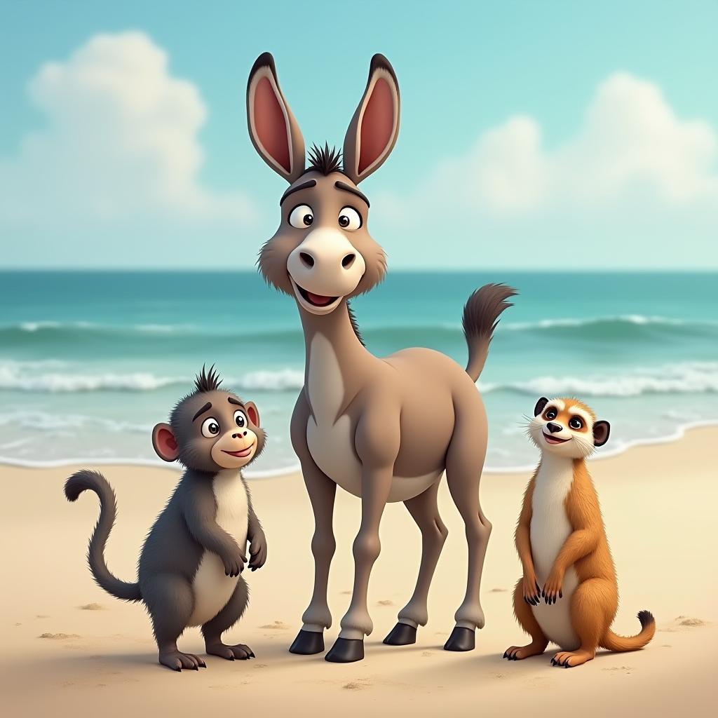  good quality, high quality, funny animals on a beach, donkey, monkey, meerkat.