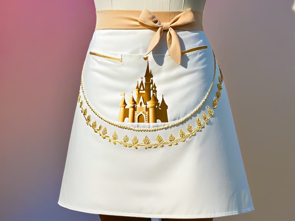  A minimalistic image of a pristine white baking apron adorned with subtle, elegant Disney character silhouettes, such as Mickey Mouse and Cinderella's castle, embroidered in metallic gold thread. The apron is hanging against a soft pastel backdrop, casting a gentle shadow beneath it, with a faint glimmer of light catching the golden embroidery, highlighting the magical essence of Disney in a sophisticated and understated manner. hyperrealistic, full body, detailed clothing, highly detailed, cinematic lighting, stunningly beautiful, intricate, sharp focus, f/1. 8, 85mm, (centered image composition), (professionally color graded), ((bright soft diffused light)), volumetric fog, trending on instagram, trending on tumblr, HDR 4K, 8K