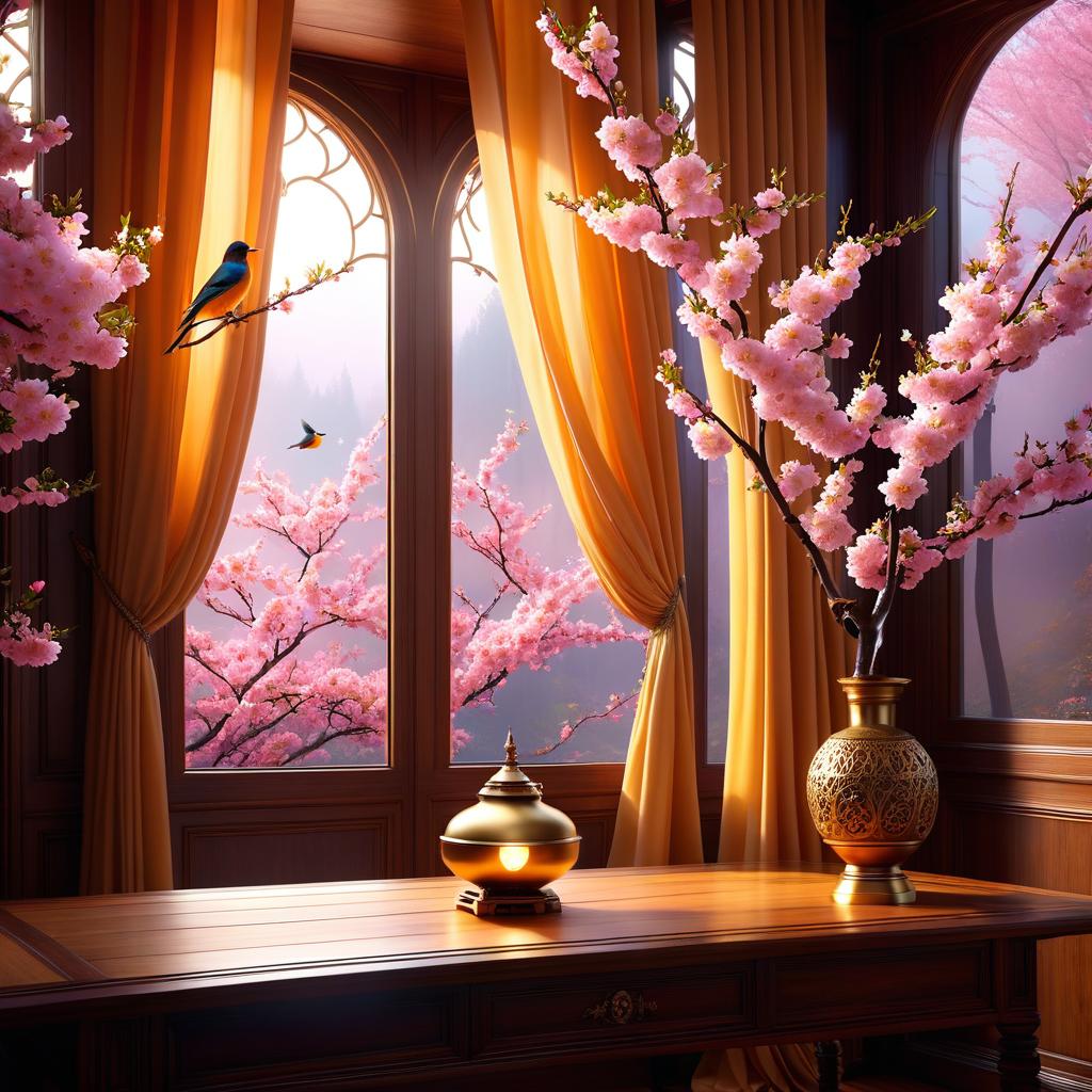  ethereal fantasy concept art of (Background):summer evening. (Interior) Window with pink curtains. A lamp on the table. (Lamp):in the shape of a sakura tree trunk. There are small birds sitting on the branches. A lampshade of golden colour with white pink cherry blossoms and flying petals painted on it. . magnificent, celestial, ethereal, painterly, epic, majestic, magical, fantasy art, cover art, dreamy hyperrealistic, full body, detailed clothing, highly detailed, cinematic lighting, stunningly beautiful, intricate, sharp focus, f/1. 8, 85mm, (centered image composition), (professionally color graded), ((bright soft diffused light)), volumetric fog, trending on instagram, trending on tumblr, HDR 4K, 8K