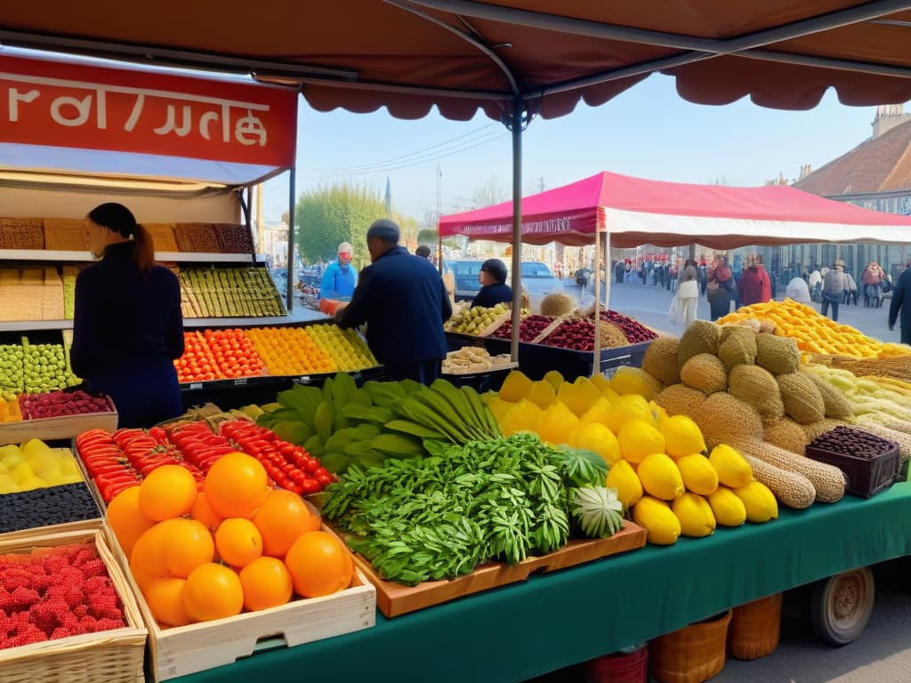  A vibrant and bustling organic market scene with stalls overflowing with colorful fresh fruits, vegetables, nuts, and seeds. The focus is on a variety of organic ingredients perfect for vegan baking, such as ripe berries, avocados, nuts, and exotic fruits. The vendors are smiling and engaging with customers, creating a lively and inviting atmosphere. Sunlight filters through the market canopy, casting a warm and inviting glow on the scene, enhancing the freshness and quality of the organic produce. hyperrealistic, full body, detailed clothing, highly detailed, cinematic lighting, stunningly beautiful, intricate, sharp focus, f/1. 8, 85mm, (centered image composition), (professionally color graded), ((bright soft diffused light)), volumetric fog, trending on instagram, trending on tumblr, HDR 4K, 8K